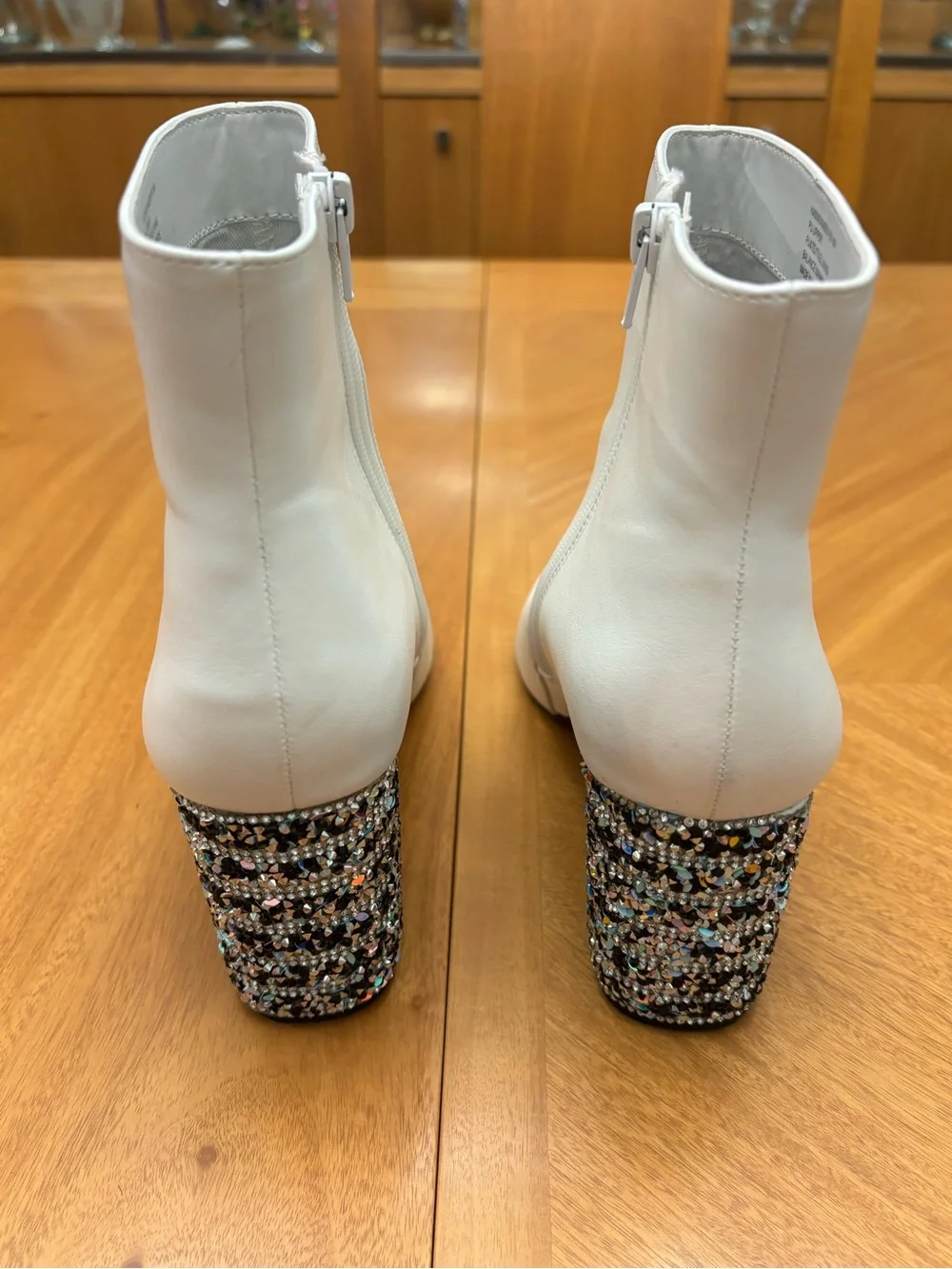 Betsey Johnson Kassie White Pointed Toe Ankle Boots Embellished Heel Size 8